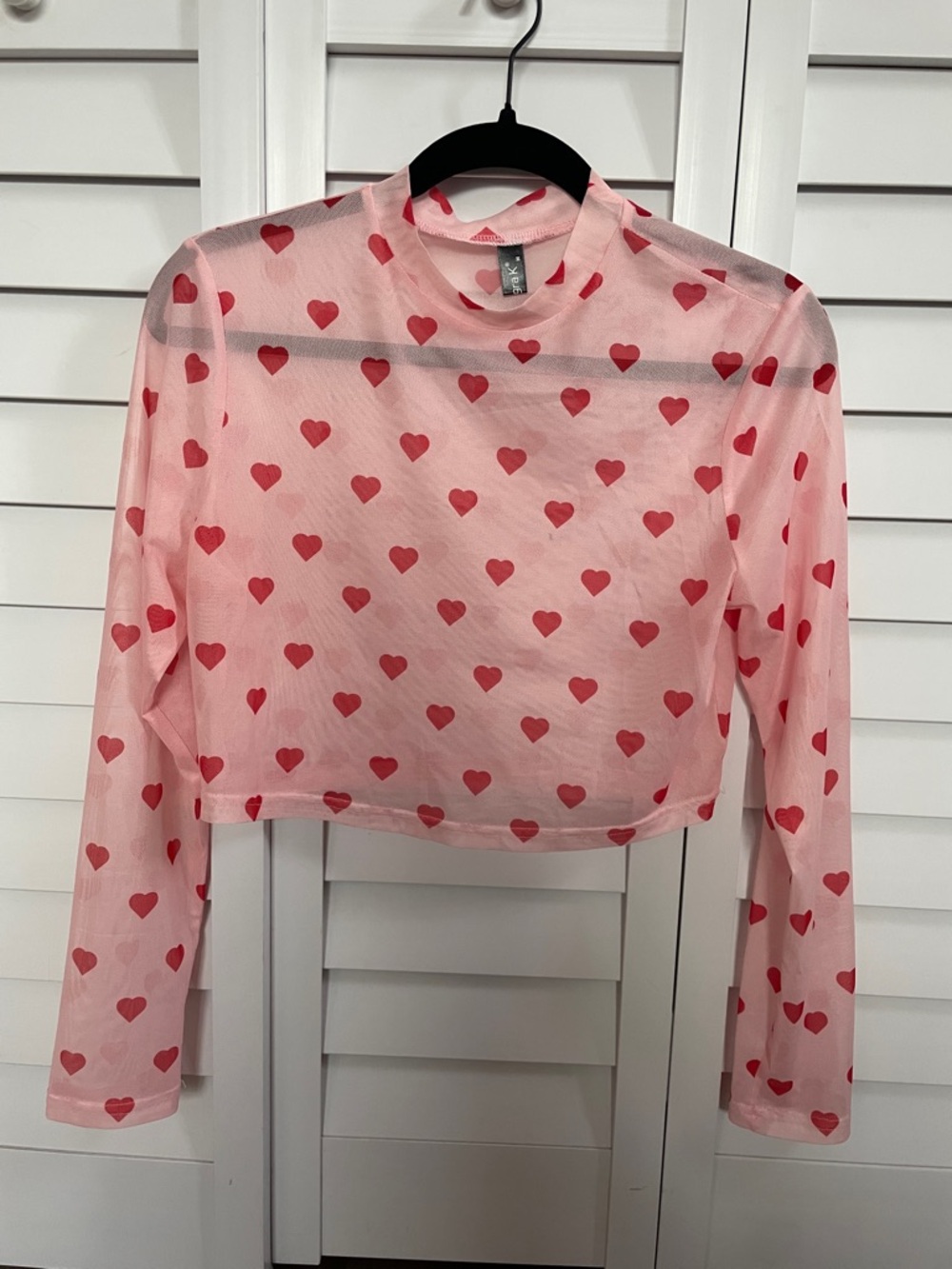 Pink Heart Mesh Long-Sleeved Crop Top